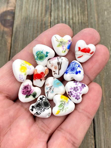 10 Ceramic Heart Shape Beads Porcelain Multicolor Flower Print Spacers Earrings Bracelet Slider Yoga Mala Necklace Bohemian Jewelry Findings