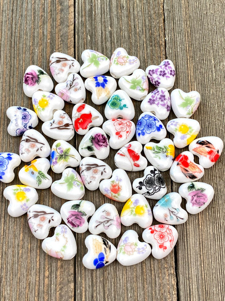 10 Ceramic Heart Shape Beads Porcelain Multicolor Flower Print Spacers Earrings Bracelet Slider Yoga Mala Necklace Bohemian Jewelry Findings