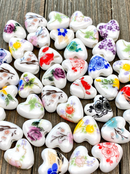 10 Ceramic Heart Shape Beads Porcelain Multicolor Flower Print Spacers Earrings Bracelet Slider Yoga Mala Necklace Bohemian Jewelry Findings