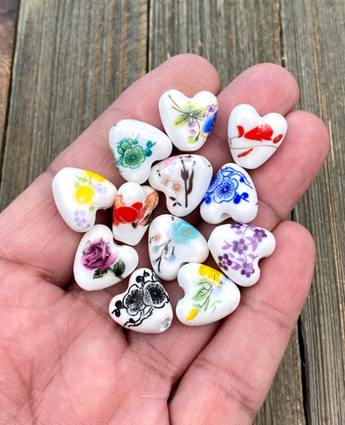 10 Ceramic Heart Shape Beads Porcelain Multicolor Flower Print Spacers Earrings Bracelet Slider Yoga Mala Necklace Bohemian Jewelry Findings