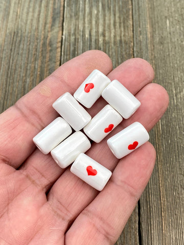 10 Ceramic Tube Beads 16x10mm Porcelain Multicolor Heart Print Cylindrical Barrel Shape Spacers Earrings Bracelet Yoga Mala Necklace Sliders