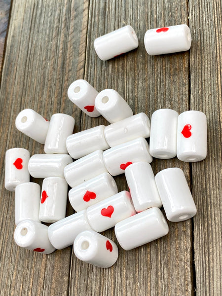 10 Ceramic Tube Beads 16x10mm Porcelain Multicolor Heart Print Cylindrical Barrel Shape Spacers Earrings Bracelet Yoga Mala Necklace Sliders