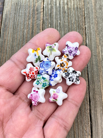 10 Ceramic Star Shape Beads Porcelain Multicolor Flower Print Spacers Earrings Bracelet Sliders Yoga Mala Necklace Bohemian Jewelry Findings