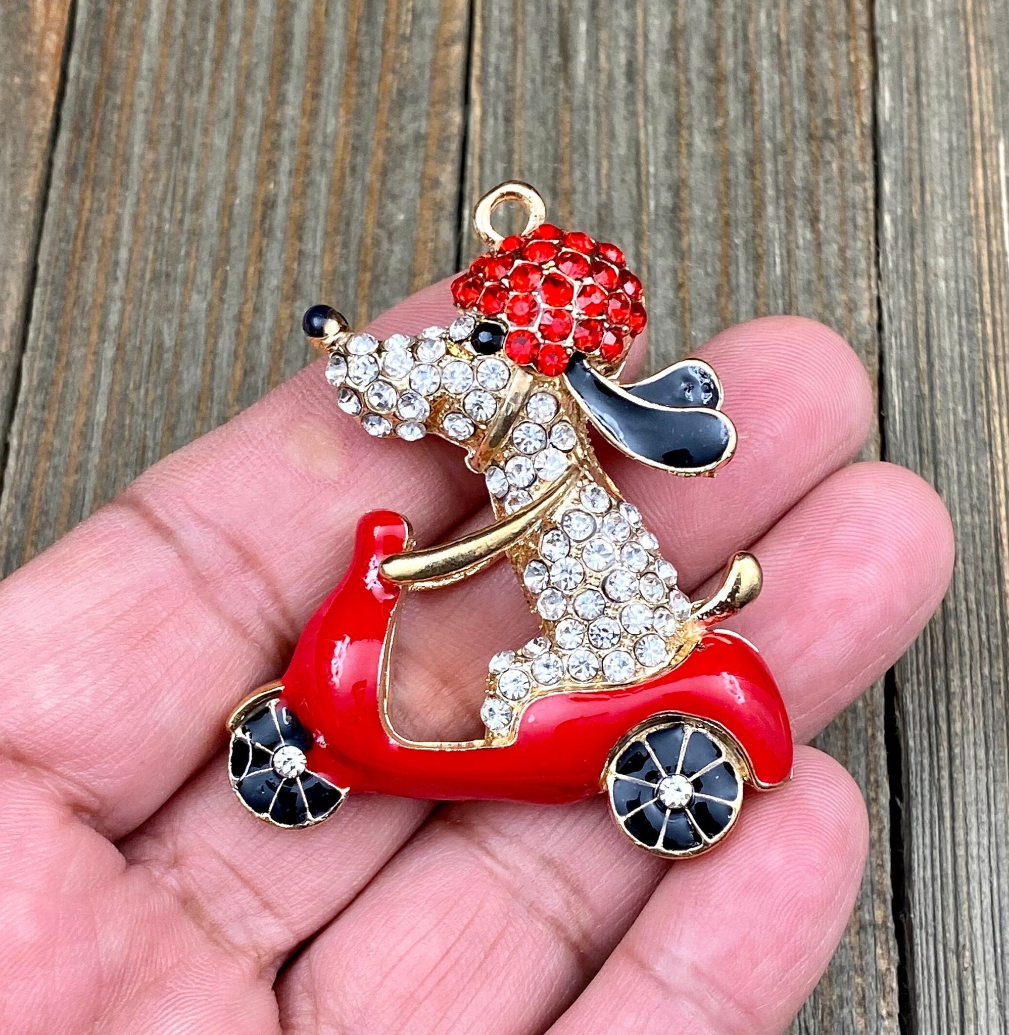 1 Puppy on a Bike Pendant DIY Cartoon Dog on a Scooter Yoga Mala Long Sweater Necklace Charm Keychain Zipper Pull Bohemian Jewelry Findings