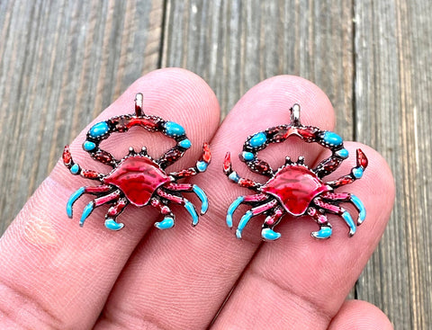 2 Red Crab Charms Red Enamel Crab Pendants Silver Crab Lover's Seafood Lover's Beach Lover's Earrings Bracelets Anklets Yoga Mala Necklace