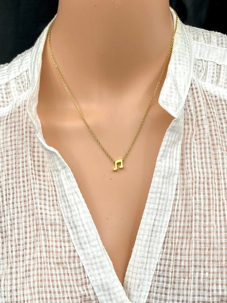 18 karat Gold plated Non Tarnish No Fade Water proof minimalist Stainless Steel necklace Jewelry Music Note shape pendant in dainty chain.