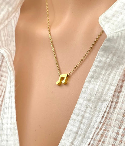 18 karat Gold plated Non Tarnish No Fade Water proof minimalist Stainless Steel necklace Jewelry Music Note shape pendant in dainty chain.
