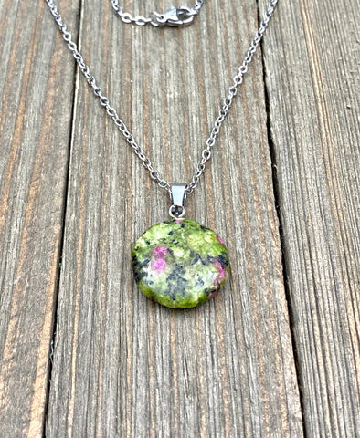 An Eye catching Epidote stone round shape Pendant Necklace with High Quality No Fade No Tarnish No Rust Hypoallergenic Stainless Steel chain