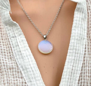 An Eye catching synthetic Opal stone round shape Pendant Necklace with High Quality No Fade Non Tarnish Hypoallergenic Stainless Steel chain