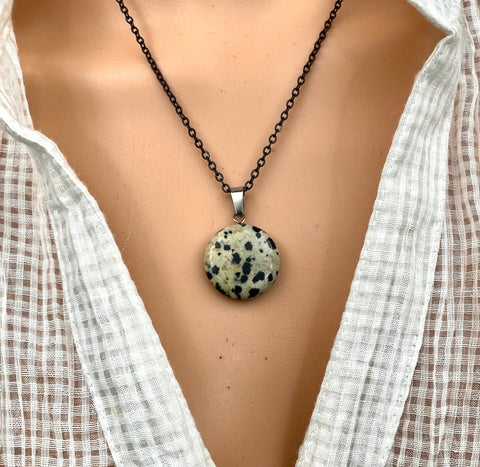An Eye catching Dalmatian stone round shape Pendant Necklace with High Quality No Fade No Tarnish Hypoallergenic Black Stainless Steel chain